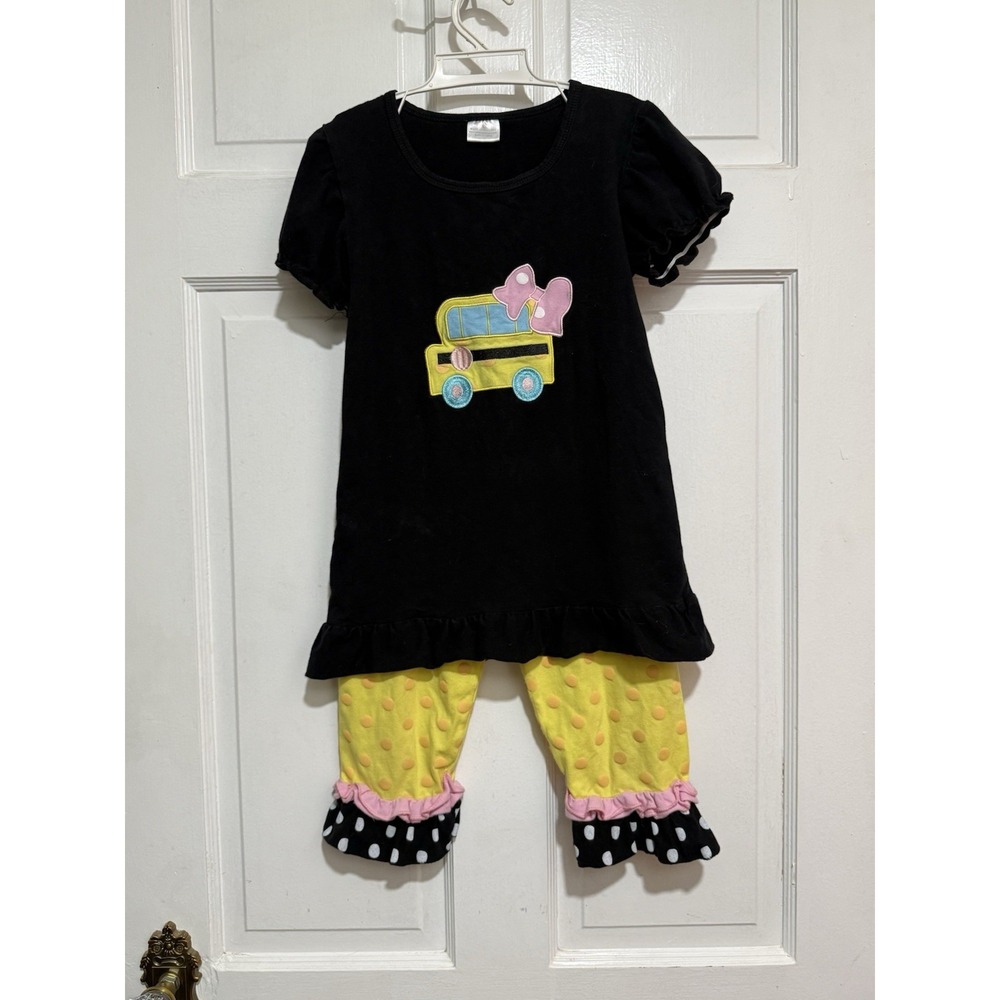 Size 5/6 Back To School Shirt Dress Pants Matching Outfit Black Pink Yellow Bus